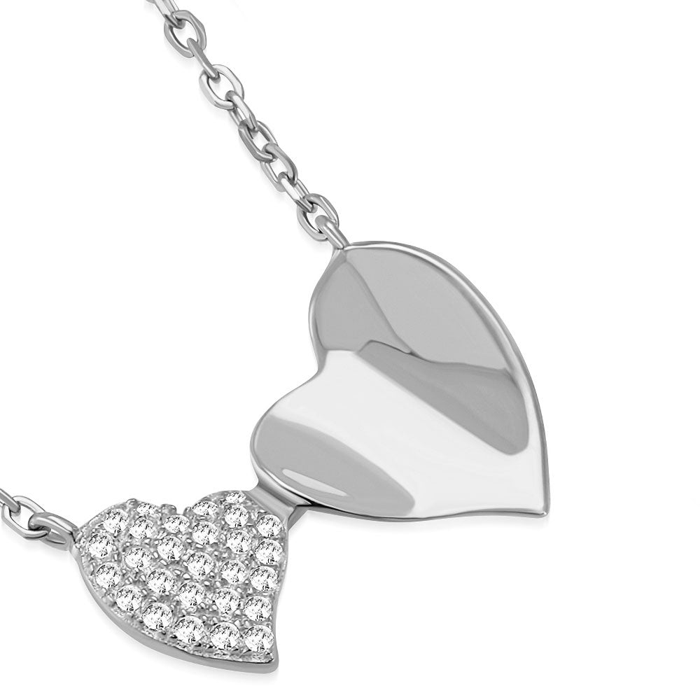 925 Sterling Silver Double Heart Love White Clear CZ Adjustable Pendant Necklace, 22"