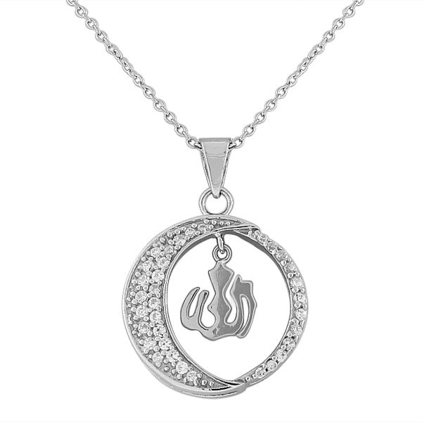 925 Sterling Silver  Muslim Islam God Allah Crescent CZ Pendant Necklace with Chain