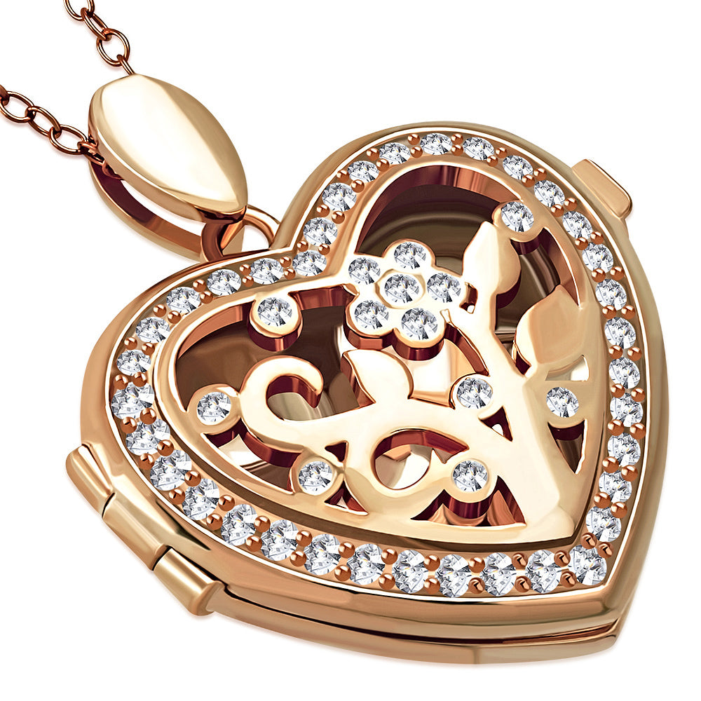 Rose Gold Filigree Locket Necklace Pendant Sterling Silver Cubic Zirconia