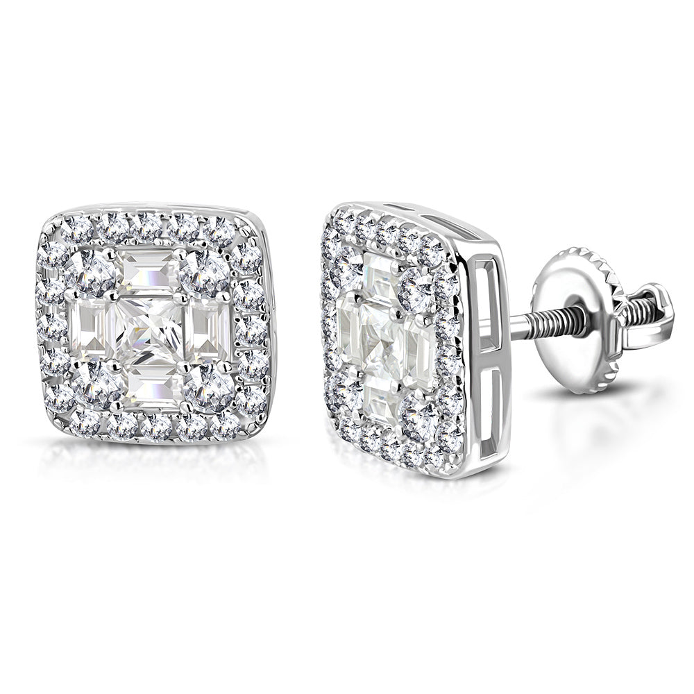925 Sterling Silver Square White Clear CZ Screw Back Stud Earrings