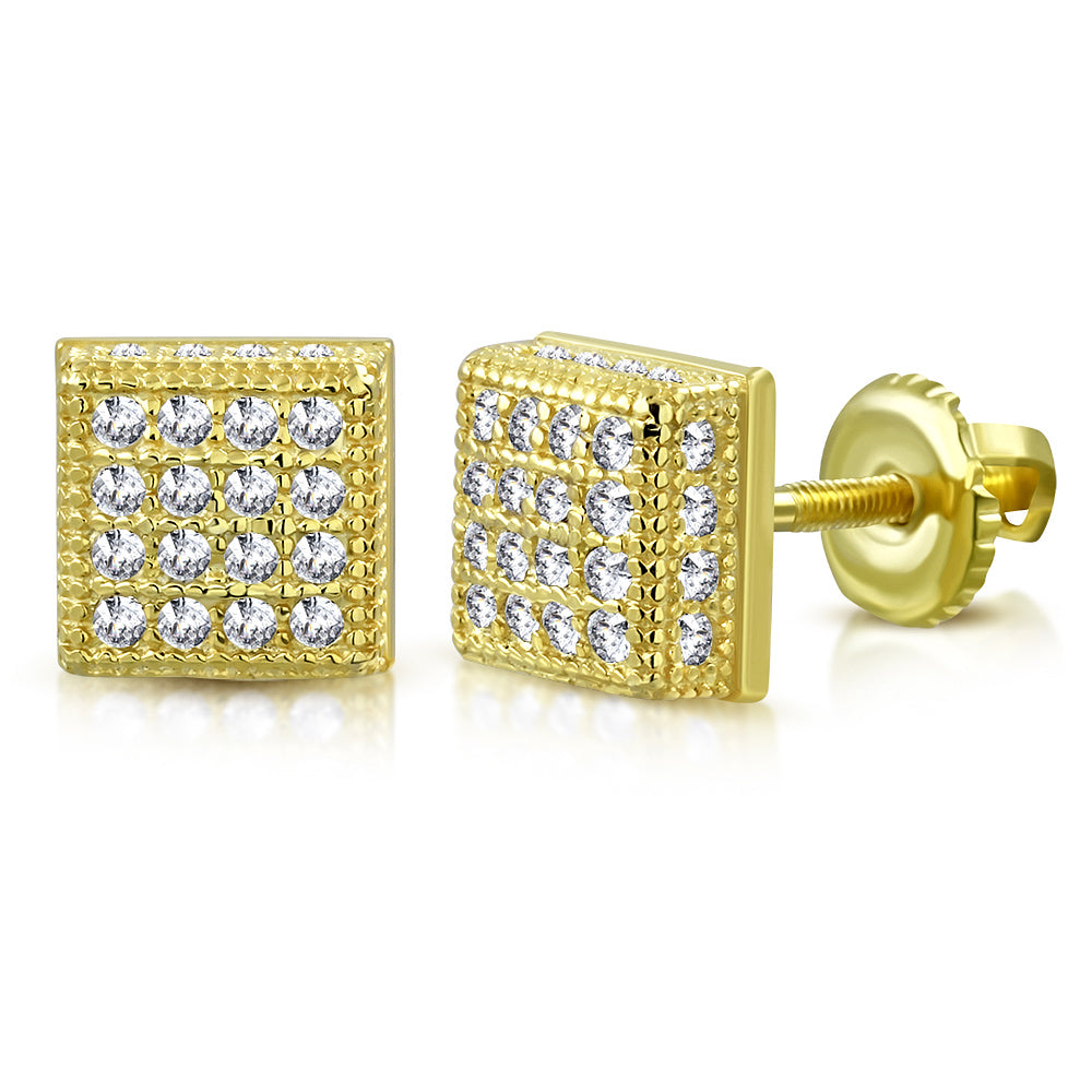 925 Sterling Silver Yellow Gold-Tone Square White Clear CZ Screw Back Stud Earrings, 0.30" 