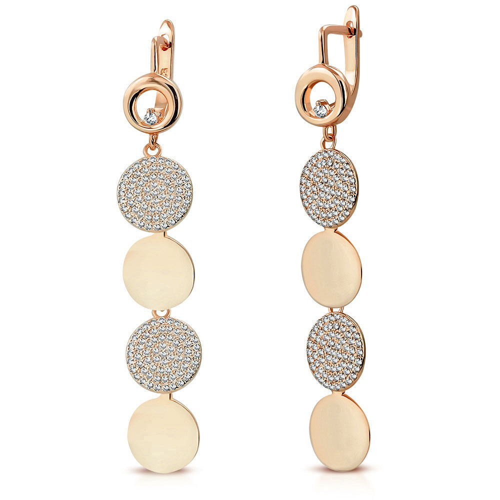 925 Sterling Silver Rose Gold-Tone Polished Circle White Clear CZ Long Dangle Drop Earrings, 2.35"