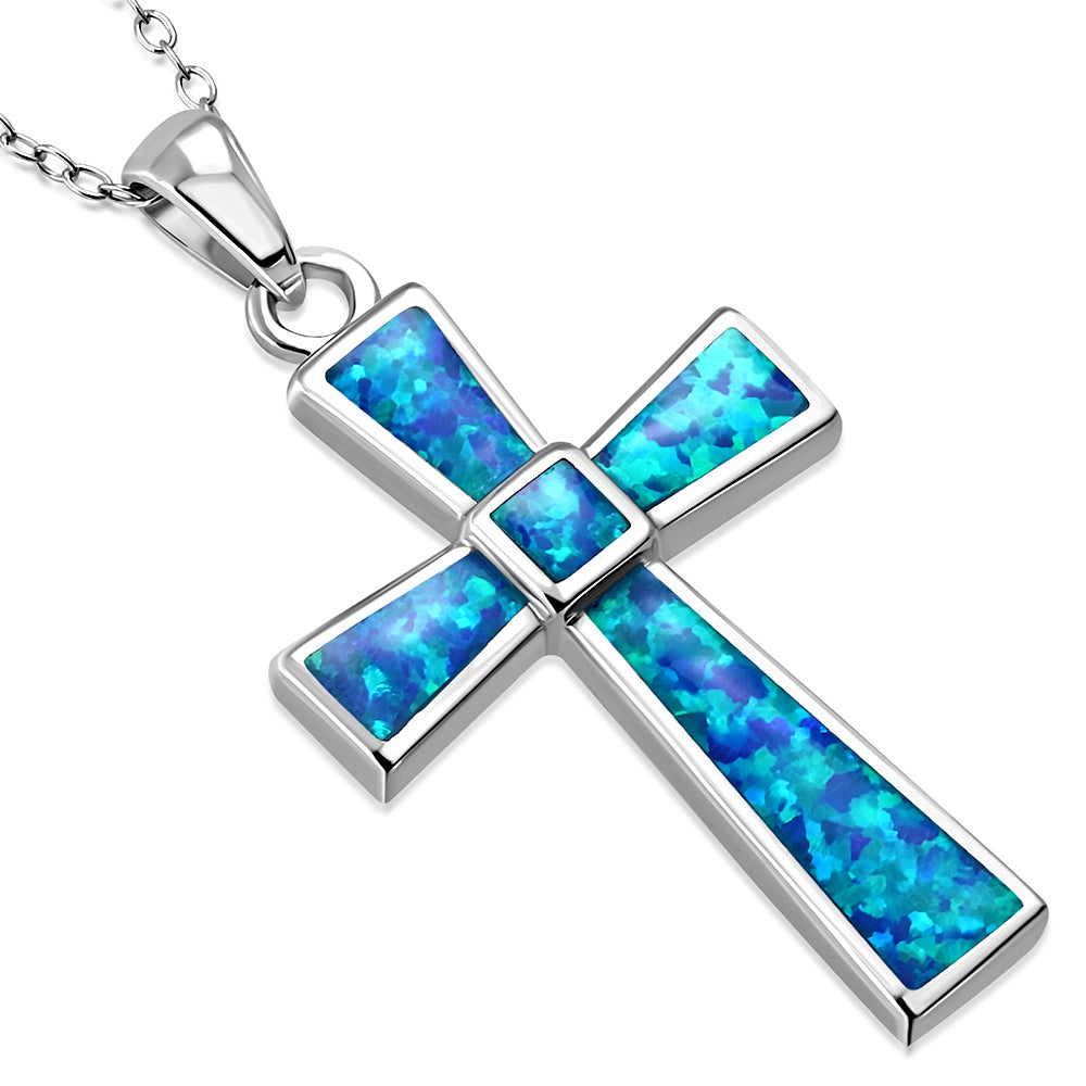 Inlay Opal Cross Necklace Pendant Sterling SIlver