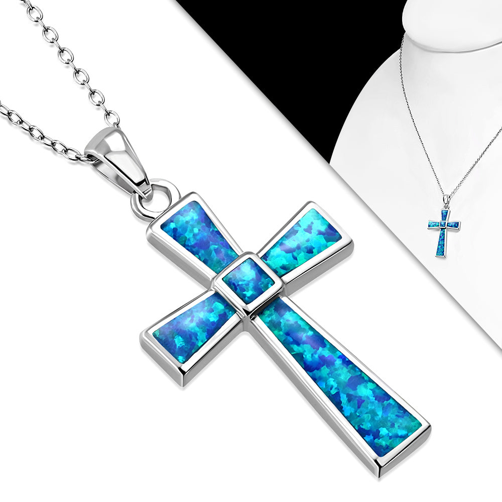 Inlay Opal Cross Necklace Pendant Sterling SIlver