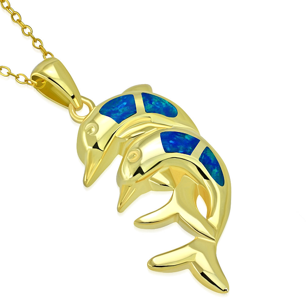925 Sterling Silver Simulated Blue Opal Double Dolphin Charm Pendant Necklace