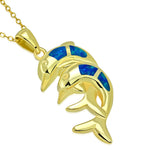 925 Sterling Silver Simulated Blue Opal Double Dolphin Charm Pendant Necklace