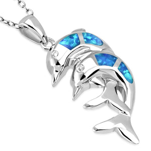 925 Sterling Silver Simulated Blue Opal Double Dolphin Charm Pendant Necklace