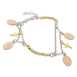 925 Sterling Silver Rose Yellow Gold-Tone Religious Latin Cross Virgin Mary Christian Chain Bracelet