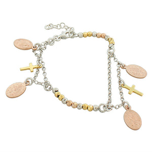 925 Sterling Silver Rose Yellow Gold-Tone Religious Latin Cross Virgin Mary Christian Chain Bracelet