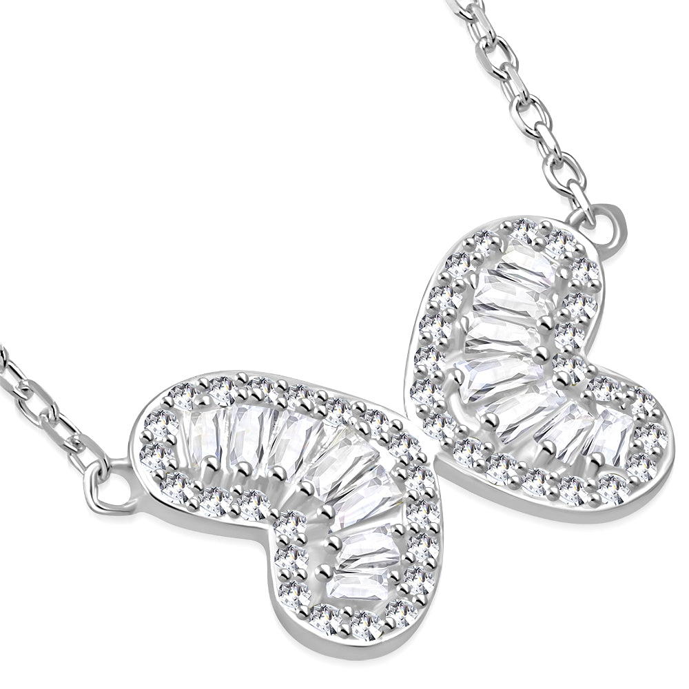 925 Sterling Silver CZ Double Heart Butterfly Necklace