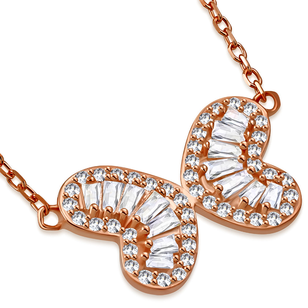 925 Sterling Silver CZ Double Heart Butterfly Necklace