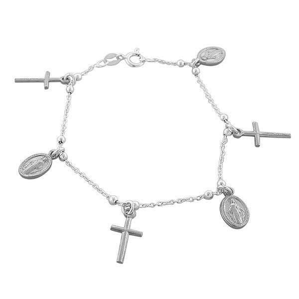 925 Sterling Silver Religious Latin Cross Virgin Mary Christian Link Chain Bracelet