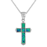 925 Sterling Silver Latin Religious Cross Blue Turquoise-Tone Simulated Opal Pendant Necklace