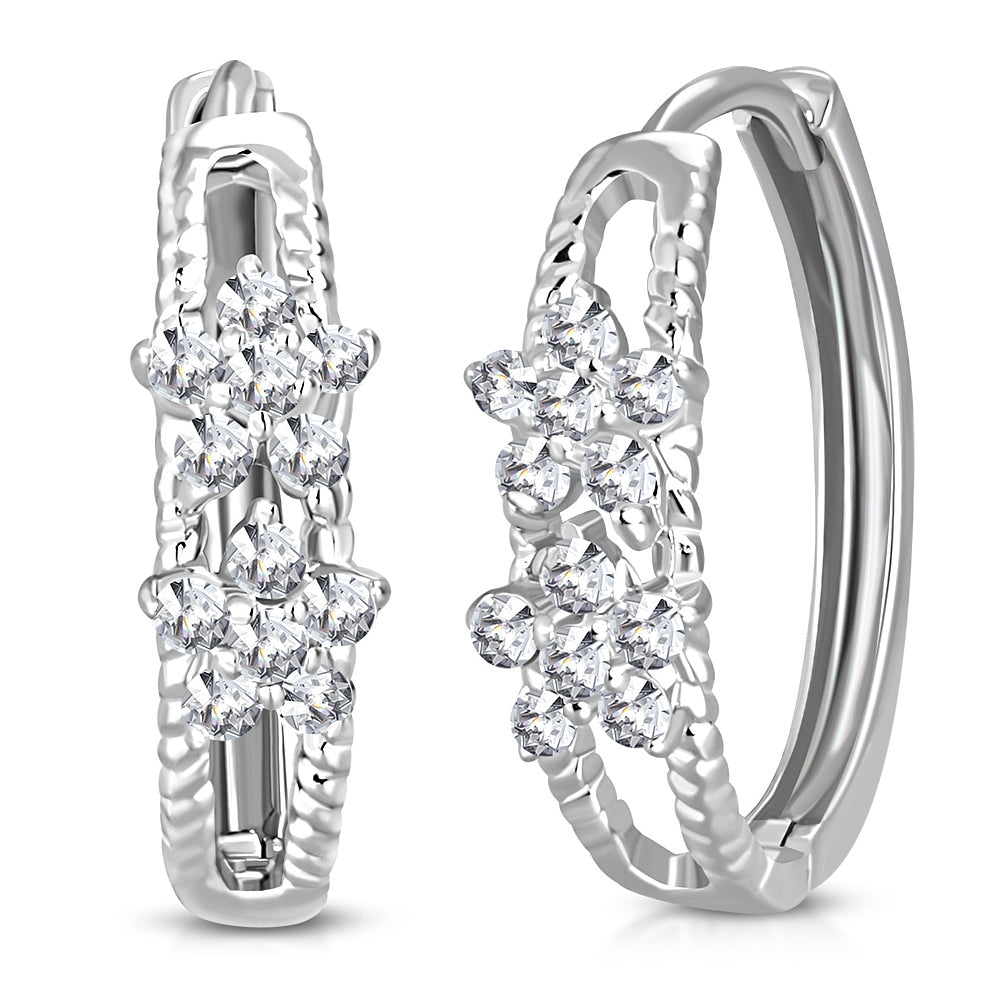 925 Sterling Silver White Clear CZ Small Hoop Huggies Earrings