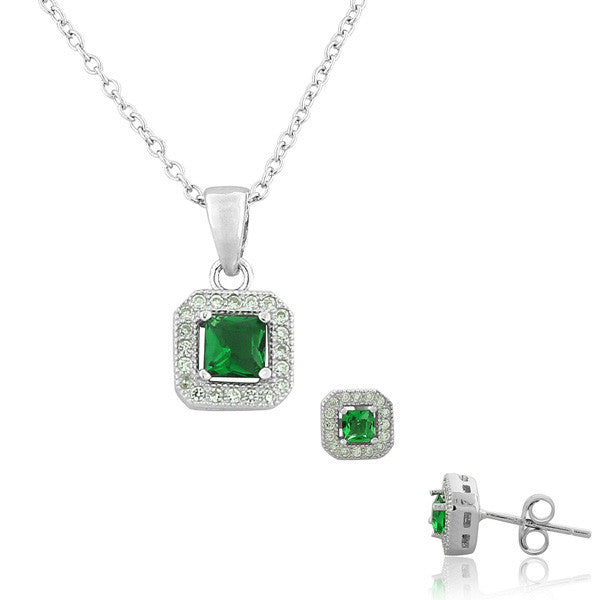 925 Sterling Silver Green Emerald-Tone White CZ Square Pendant Necklace Stud Earrings Set