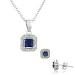 925 Sterling Silver Royal Blue White CZ Square Charm Womens Pendant Necklace Stud Earrings Set