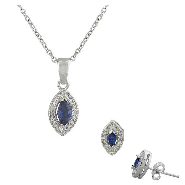 925 Sterling Silver Royal Blue White CZ Marquise Charm Womens Pendant Necklace Stud Earrings Set