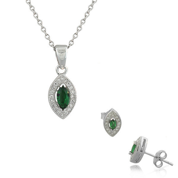 925 Sterling Silver Emerald-Tone Green White CZ Marquise Charm Womens Pendant Necklace Stud Earrings Set