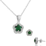 925 Sterling Silver Emerald-Tone Green White CZ Flower Charm Womens Pendant Necklace Stud Earrings Set