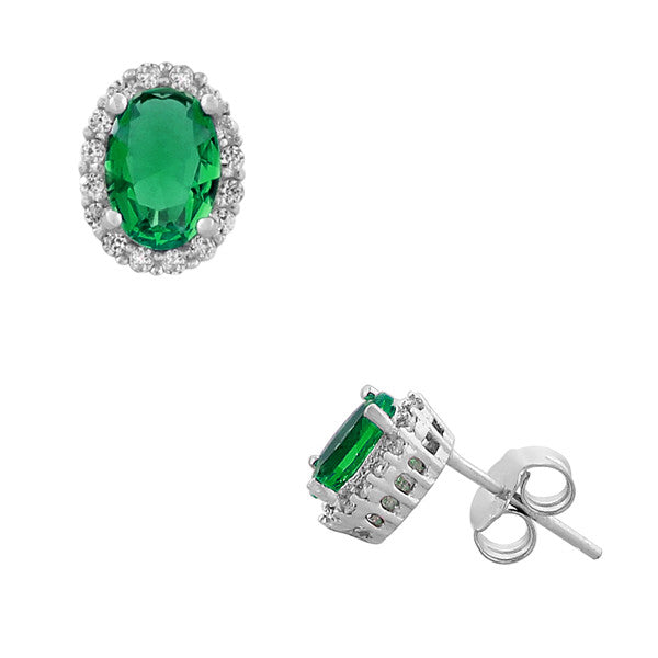 925 Sterling Silver Oval Emerald-Tone Green White CZ Stud Earrings