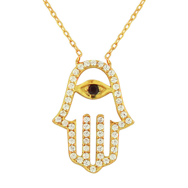 925 Sterling Silver Yellow Gold-Tone Evil Eye Hamsa White Black CZ Womens Pendant Necklace