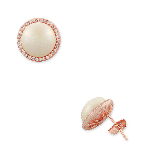 925 Sterling Silver Rose Gold-Tone Simulated Pearls CZ Stud Earrings
