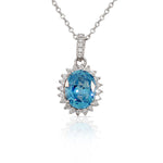 925 Sterling Silver Light Blue White CZ Oval Charm Womens Pendant Necklace