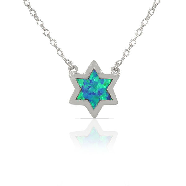 925 Sterling Silver Jewish Star of David Blue Turquoise-Tone Simulated Opal Pendant Necklace