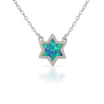 925 Sterling Silver Jewish Star of David Blue Turquoise-Tone Simulated Opal Pendant Necklace