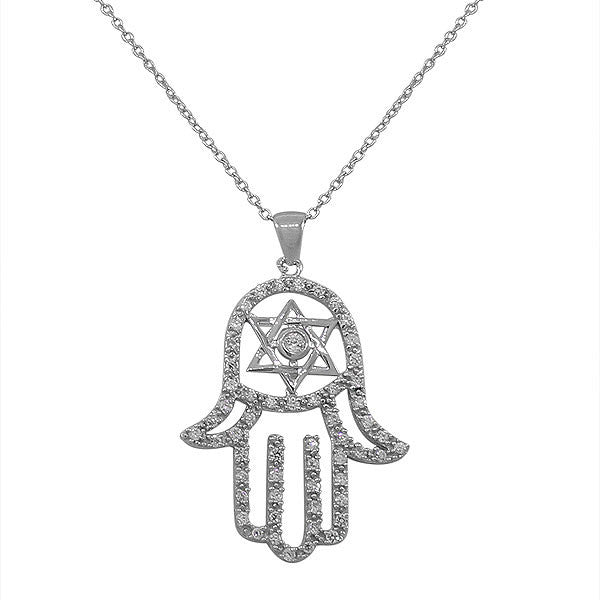 925 Sterling Silver Womens Hamsa Evil Eye Jewish Star of David White CZ Pendant Necklace