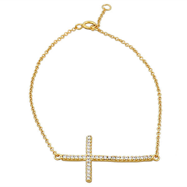 925 Sterling Silver Yellow Gold White CZ Curved Sideways Religious Latin Cross Chain Bracelet