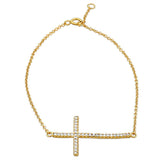 925 Sterling Silver Yellow Gold White CZ Curved Sideways Religious Latin Cross Chain Bracelet