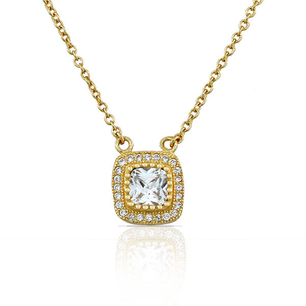 925 Sterling Silver Yellow Gold-Tone White CZ Womens Cushion Pendant Necklace