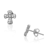925 Sterling Silver White CZ Religious Cross Womens Girls Small Stud Earrings