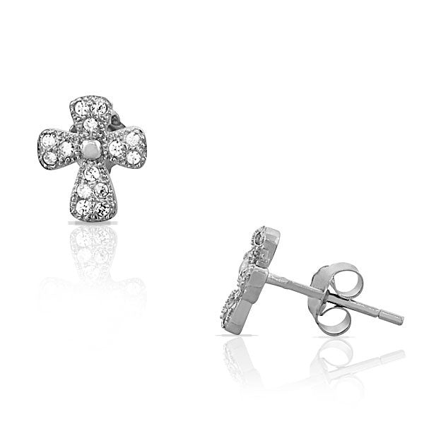 925 Sterling Silver White CZ Religious Cross Womens Girls Small Stud Earrings