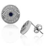 925 Sterling Silver White Blue CZ Round Hamsa Evil Eye Womens Girls Stud Earrings