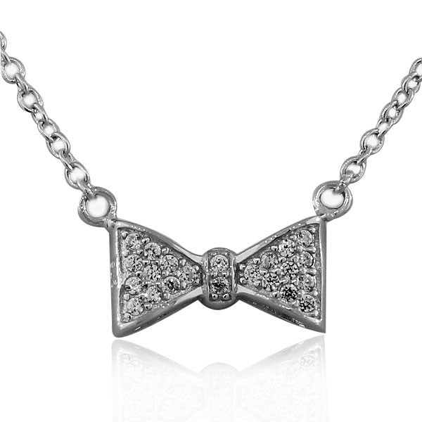 925 Sterling Silver Bow Tie Charm White CZ Womens Pendant Necklace with Chain