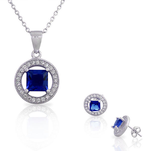 925 Sterling Silver Sapphire-Tone Blue White CZ Round Square Pendant Necklace Stud Earrings Set