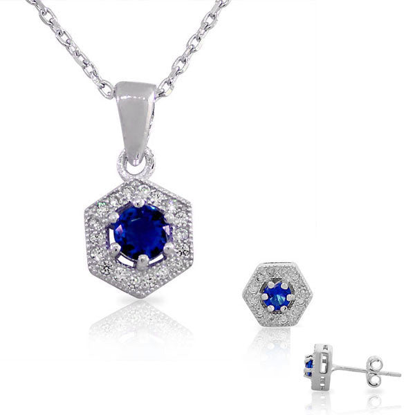 925 Sterling Silver Sapphire-Tone Blue White CZ Hexahedron Round Pendant Necklace Stud Earrings Set
