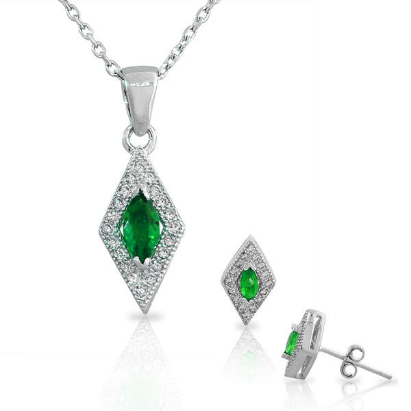 925 Sterling Silver Emerald-Tone Green White CZ Diamond-Shaped Pendant Necklace Stud Earrings Set