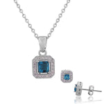 925 Sterling Silver Aquamarine-Tone Blue White CZ Square Round Pendant Necklace Stud Earrings Set