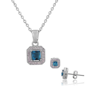 925 Sterling Silver Aquamarine-Tone Blue White CZ Square Round Pendant Necklace Stud Earrings Set