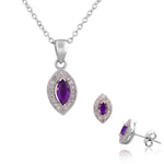925 Sterling Silver Amethyst-Tone Purple Violet White CZ Marquise Pendant Necklace Stud Earrings Set