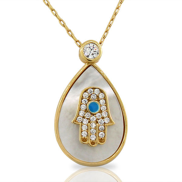 925 Sterling Silver Yellow Gold-Tone Simulated Mother of Pearl CZ Womens Evil Eye Hamsa Pendant Necklace