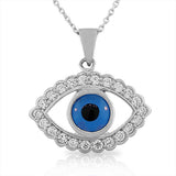 925 Sterling Silver Large Blue White CZ Womens Evil Eye Hamsa Pendant Necklace