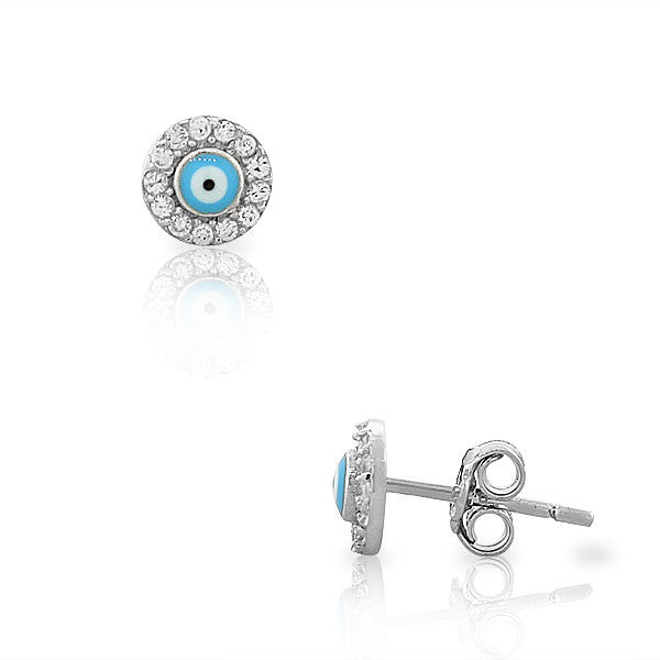 925 Sterling Silver White CZ Evil Eye Hamsa Small Womens Girls Stud Earrings