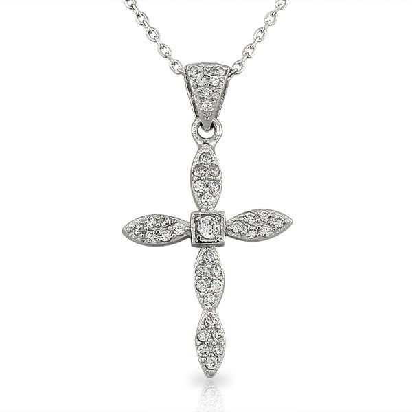 925 Sterling Silver White CrysrtalsCZ Classic Womens Latin Religious Cross Pendant Necklace