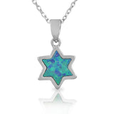 925 Sterling Silver  Womens Jewish Star of David Blue Turquoise Simulated Opal Pendant Necklace