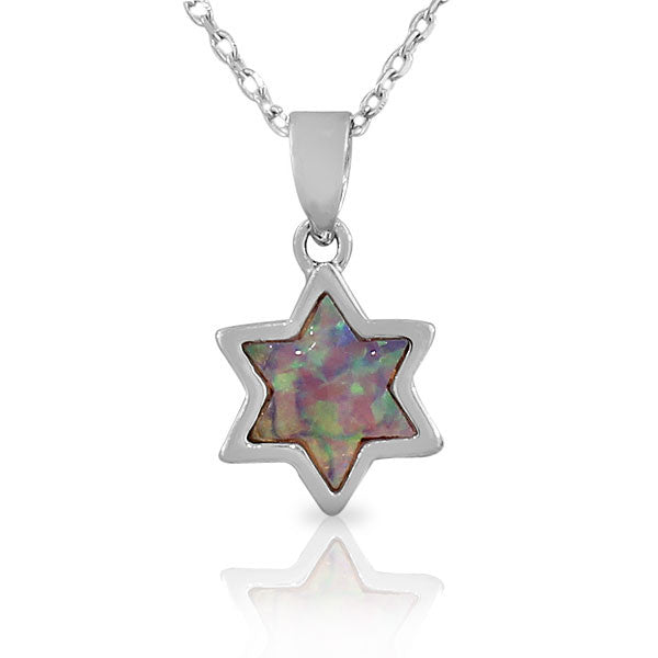 925 Sterling Silver  Womens Jewish Star of David Pink Simulated Opal Pendant Necklace