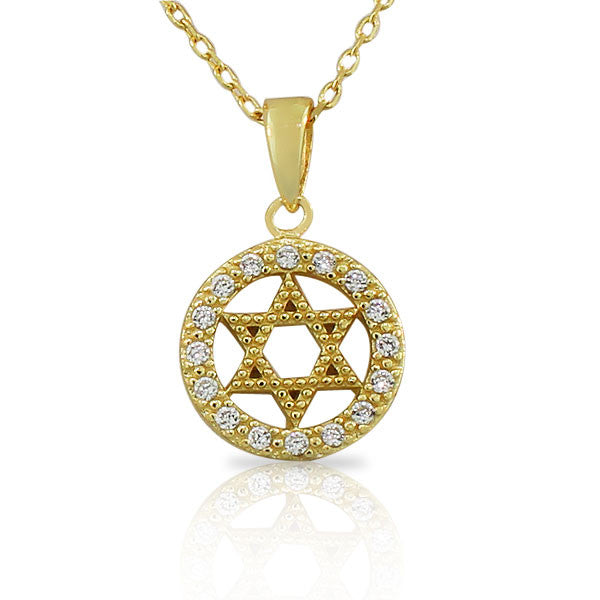 925 Sterling Silver Yellow Gold-Tone CZ Womens Jewish Star of David Pendant Necklace